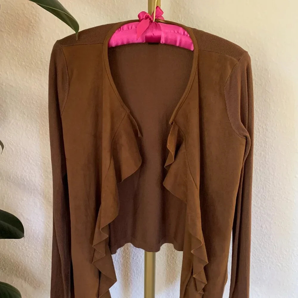 NWOT INC Petite Open Front Ruffle Cardigan Size S Brown Neutral Faux Suede Vegan